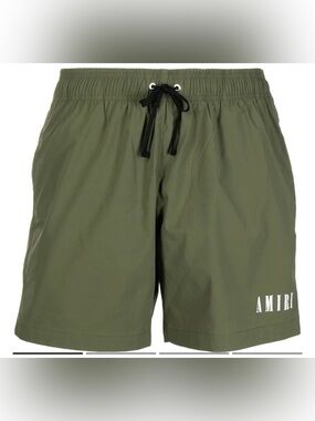 AMIRI Olive Green Swim Trunks with Black Drawstring